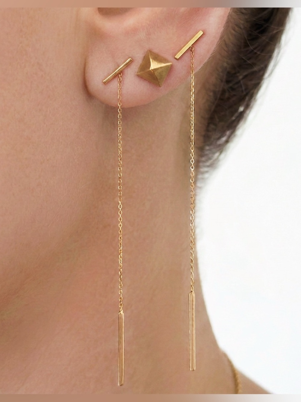 14k Solid Gold Threader Bar Earrings Fine Jewelry Celebrity Stylist Curated